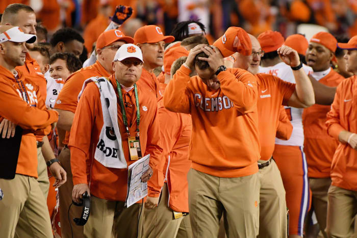 Clemson coach Dabo Swinney looks aggravated on the sideline.