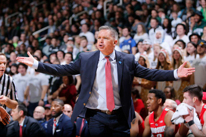 A closeup of an upset Chris Holtmann during an Ohio State basketball game.