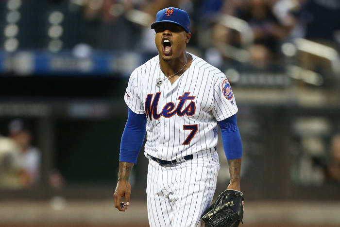 New York Mets ace Marcus Stroman walks off the mound.