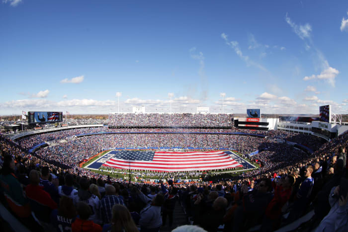 A general view of the Buffalo Bills stadium with an American flag stretched across the field.