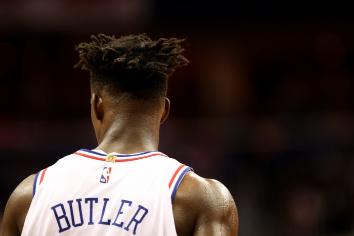 A closeup of Jimmy Butler taken from behind.