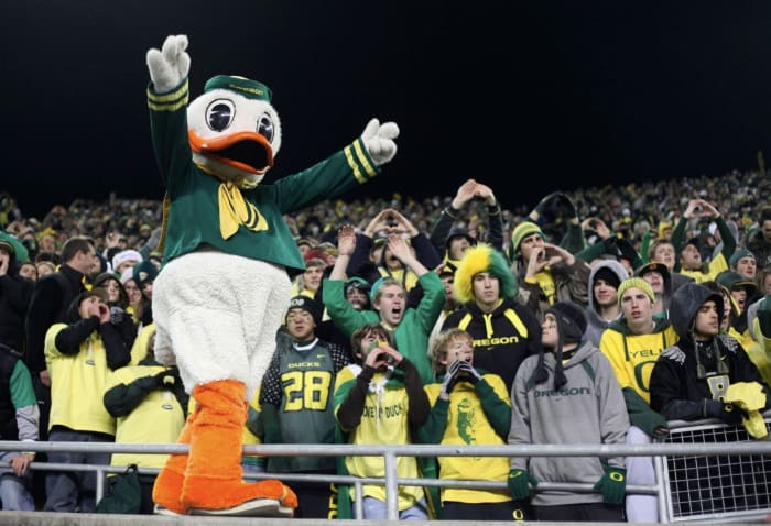 Oregon's mascot hangs with fans.