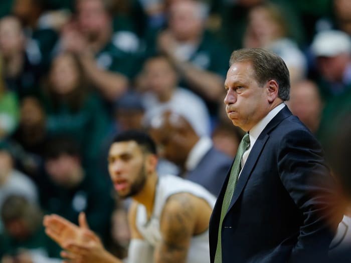 Tom Izzo taking a deep breath during a Michigan State basketball game.