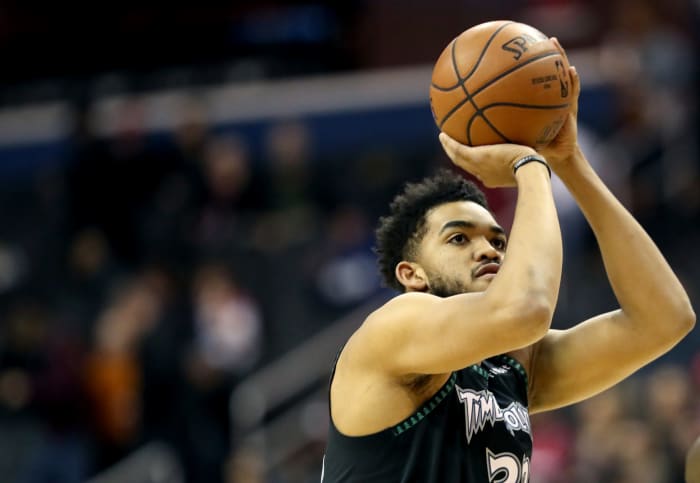 Karl-Anthony Towns shooting a free-throw.