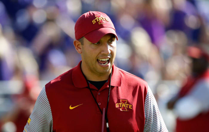 Head coach Matt Campbell of the Iowa State Cyclones looks toward the field of play before the Cyclones take on the TCU Horned Frogs.