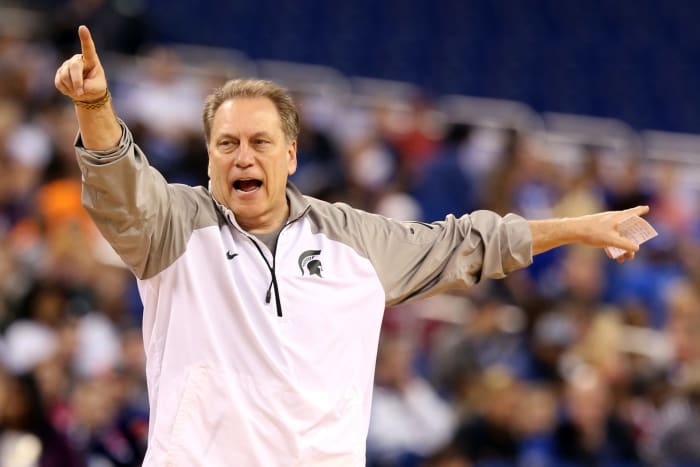 A closeup of Michigan State Spartans coach Tom Izzo during practic