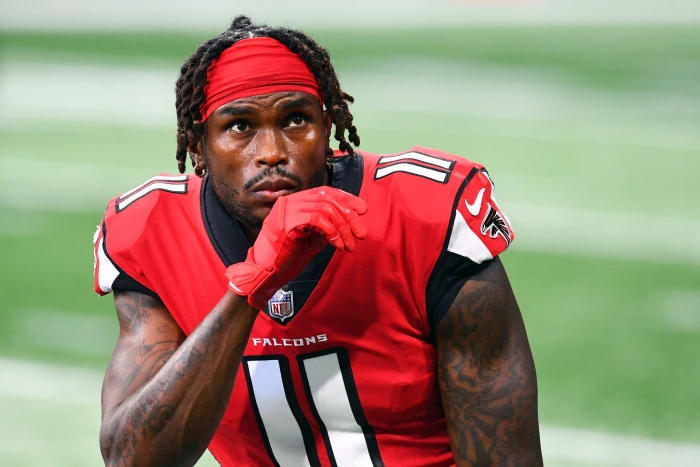 A closeup of Atlanta Falcons WR Julio Jones with his helmet off.
