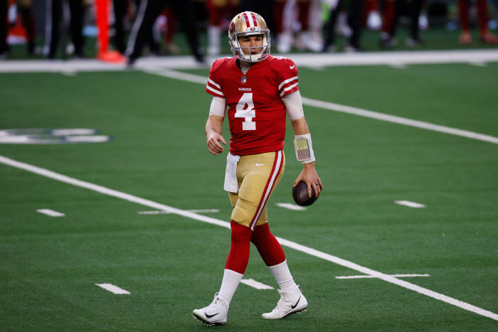 Nick Mullens reacts to a penalty.