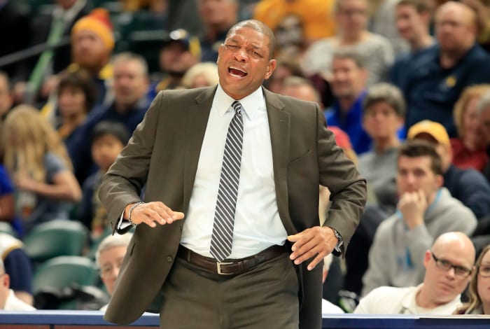 Los Angeles Clippers coach Doc Rivers reacting during a game.