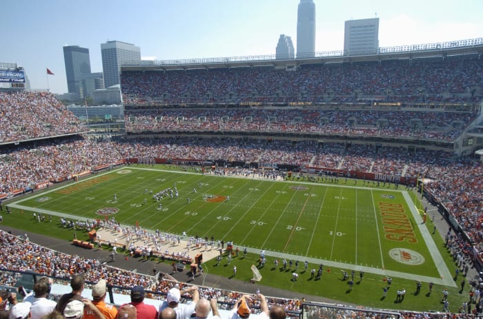 A field level view of the Cleveland Browns stadium.