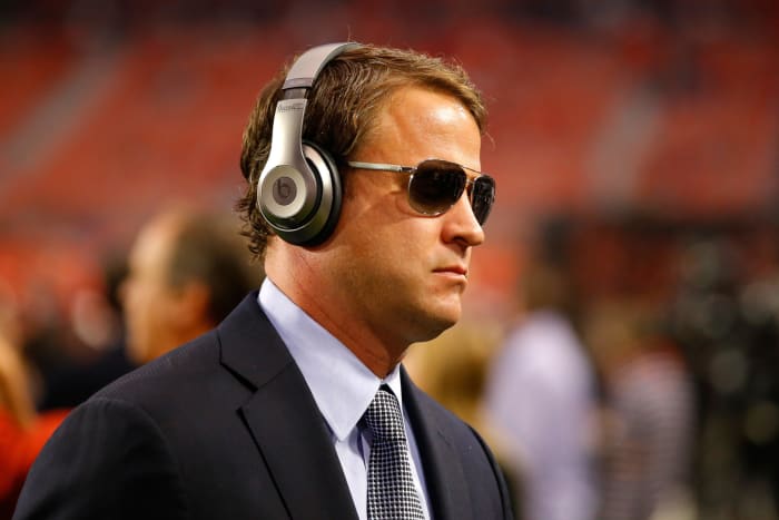Ole Miss head coach Lane Kiffin in a pregame suit, back while coaching Alabama.