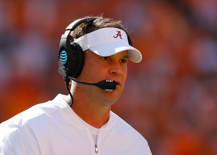 A closeup of Lane Kiffin in an Alabama visor. He is now the Ole Miss football head coach.
