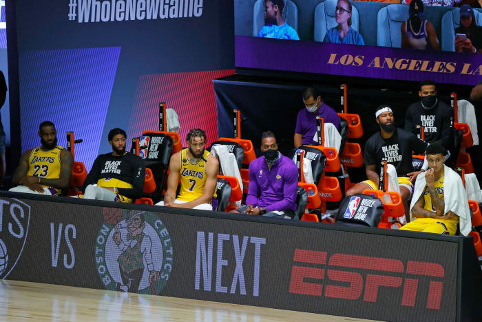 Los Angeles Lakers sit on the bench.