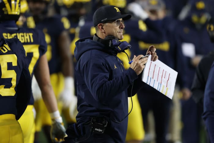 Michigan Wolverines head coach Jim Harbaugh on Saturday night.