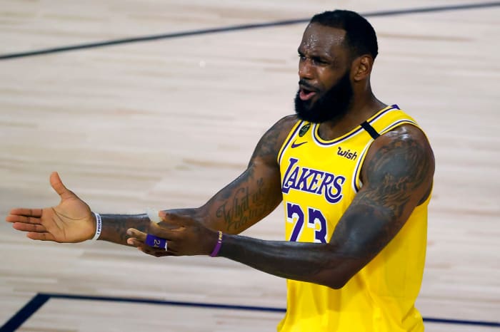 LeBron James reacts to a call in the bubble.
