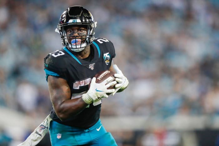Jacksonville Jaguars running back Ryquell Armstead runs with the ball.