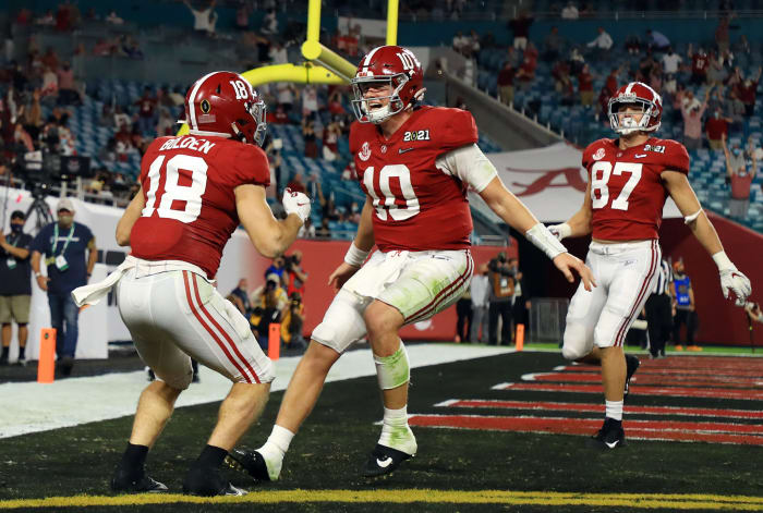 Mac Jones celebrates a touchdown.