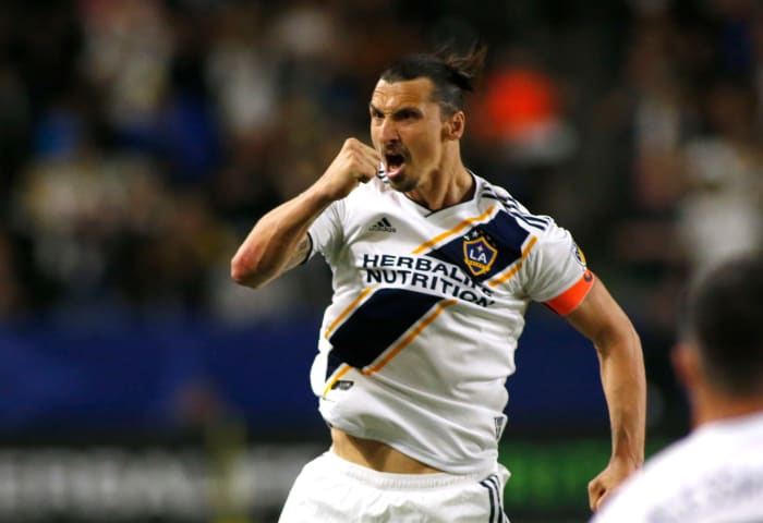 Zlatan Ibrahimovic celebrating.