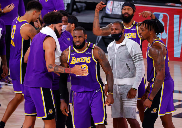 LeBron James on the court for the Lakers.