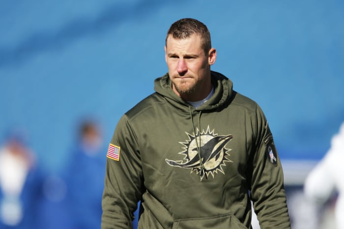 Dan Campbell on the sidelines for the Dolphins.