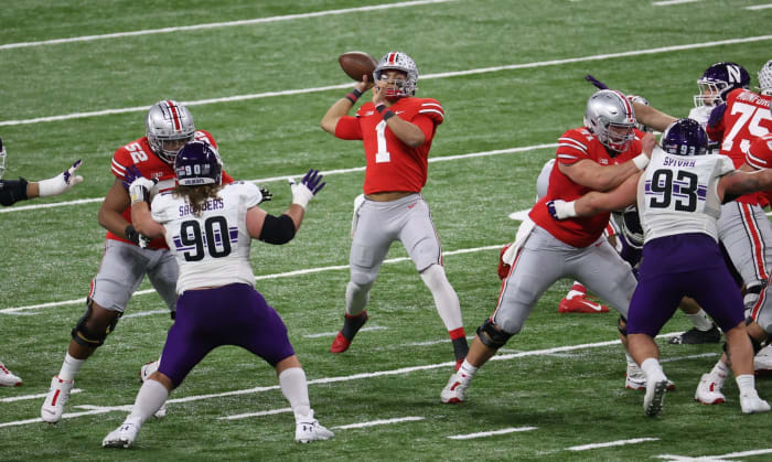 Justin Fields throwing the football for Ohio State at the Big Ten Championship in 2020.
