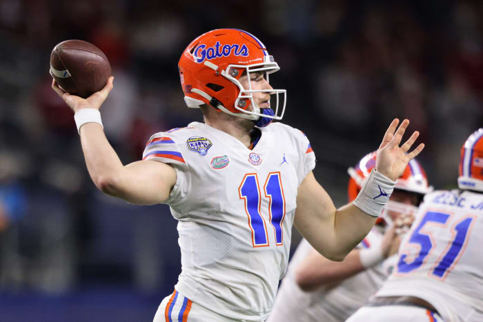 Kyle Trask attempts a pass against Oklahoma.