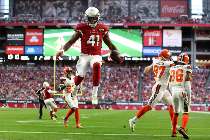 Kenyan Drake celebrates after a touchdown.