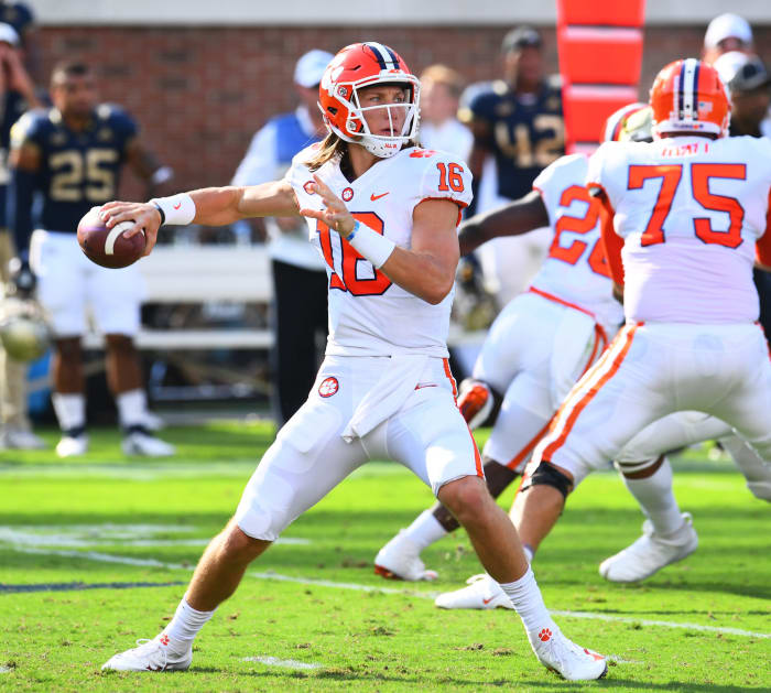Trevor Lawrence throws the ball for Clemson,