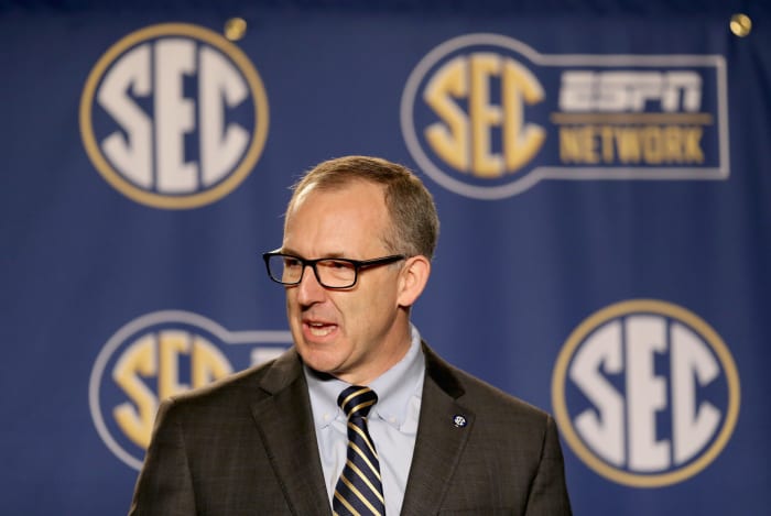 SEC Commissioner Greg Sankey talks before SEC conference tournament.