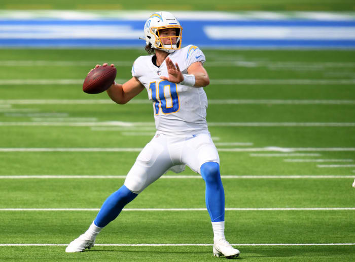 Los Angeles Chargers quarterback Justin Herbert prepares to throw. He stepped in for the injured Tyrod Taylor in Week 2.