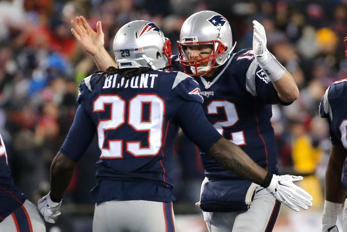 Tom Brady celebrates with LeGarrette Blount.