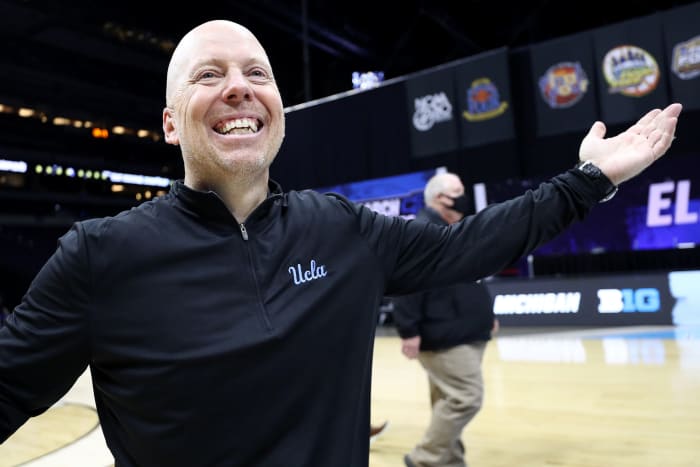 UCLA basketball head coach Mick Cronin celebrates Elite Eight win.