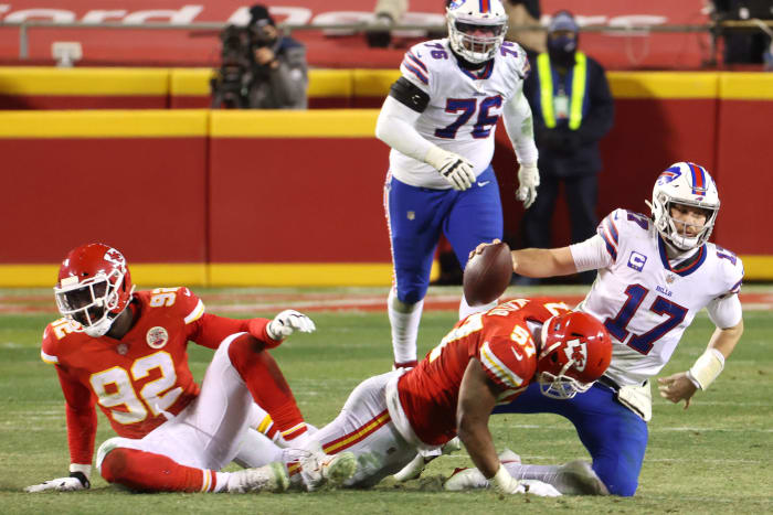 Josh Allen gets sacked by Alex Okafor.