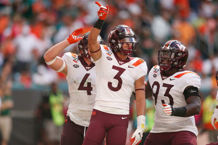 Virginia Tech star Caleb Farley, a top college football NFL Draft prospect, celebrates a play vs. Miami.