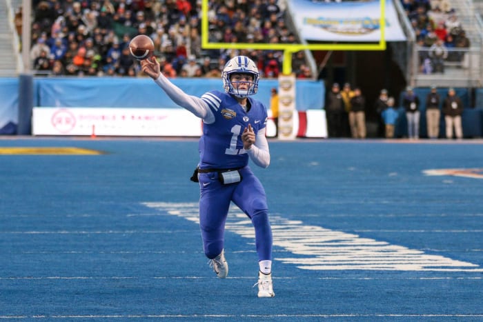Zach Wilson attempts a pass for BYU.