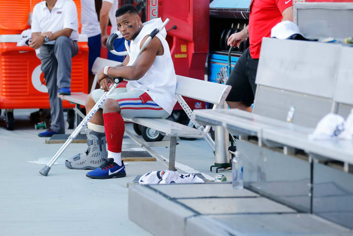 New York Giants running back Saquon Barkley on the bench.