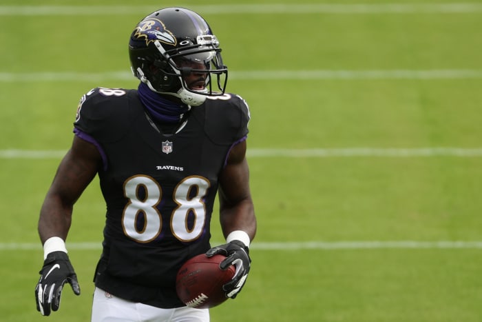 Baltimore Ravens wide receiver Dez Bryant on the field.