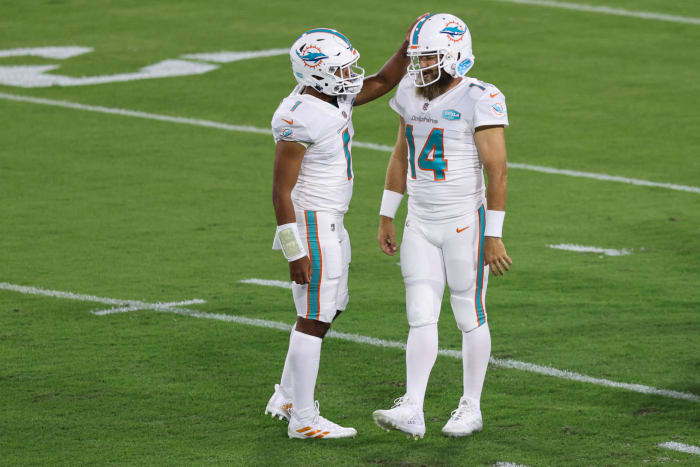 Miami Dolphins quarterbacks Tua Tagovailoa and Ryan Fitzpatrick.