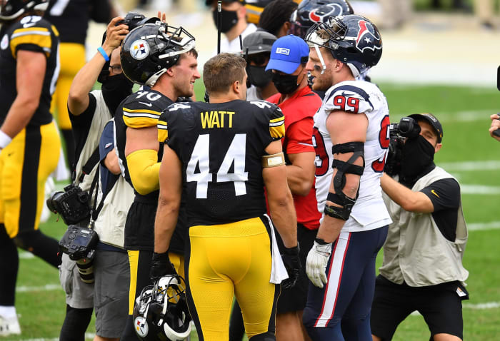 JJ Watt and Derek Watt talking after a Houston Texans vs. Pittsburgh Steelers game.