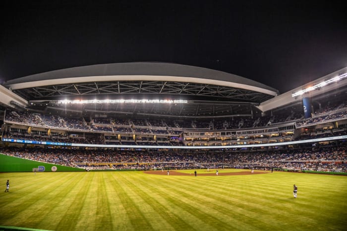 A view of the Miami Marlins stadium from the outfield.