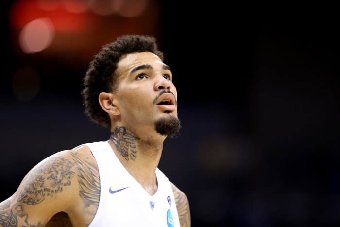 LOUISVILLE, KY - MARCH 19: Willie Cauley-Stein #15 of the Kentucky Wildcats looks on against the Hampton Pirates during the second round of the 2015 NCAA Men's Basketball Tournament at the KFC YUM! Center on March 19, 2015 in Louisville, Kentucky. (Photo by Andy Lyons/Getty Images)