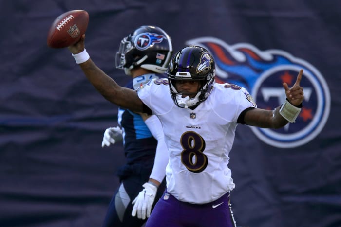 Baltimore Ravens Quarterback Lamar Jackson #8 of the Baltimore Ravens celebrates following a 48-yard touchdown run during the second quarter of their AFC Wild Card Playoff game