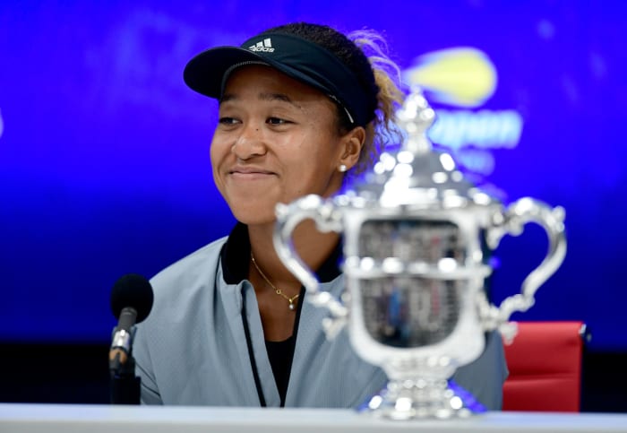 Naomi Osaka speaking to the media.