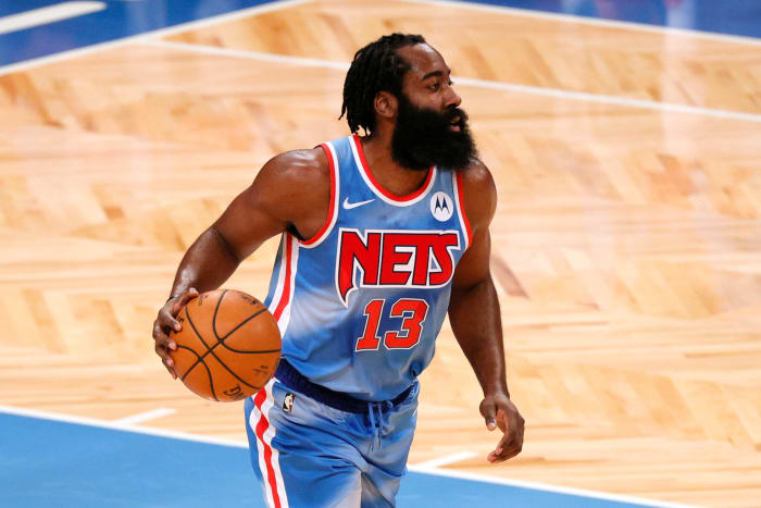 James Harden on the court for the Brooklyn Nets during an NBA game.