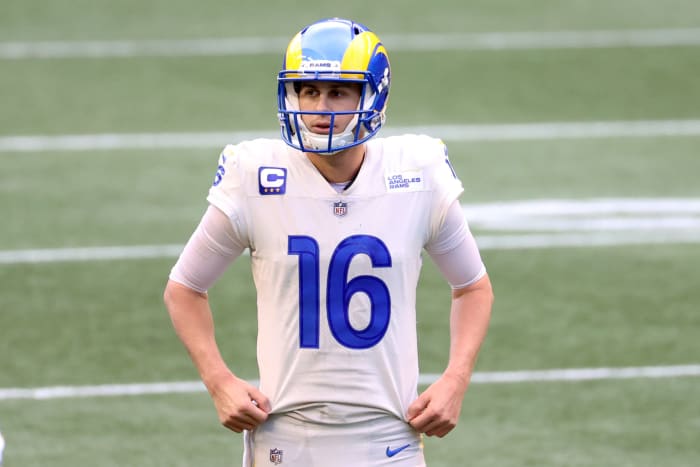 Jared Goff #16 of the Los Angeles Rams looks on