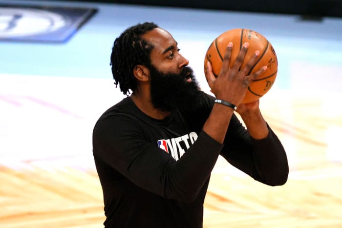 James Harden #13 of the Brooklyn Nets warms up