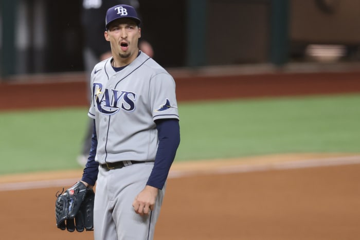 Blake Snell reacts to being pulled from Game 6 by the Tampa Bay Rays against the Los Angeles Dodgers.