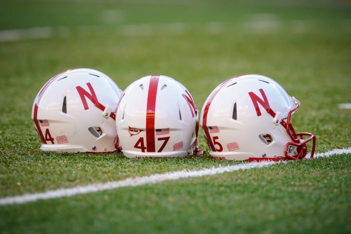 Nebraska Huskers helmets on the field.