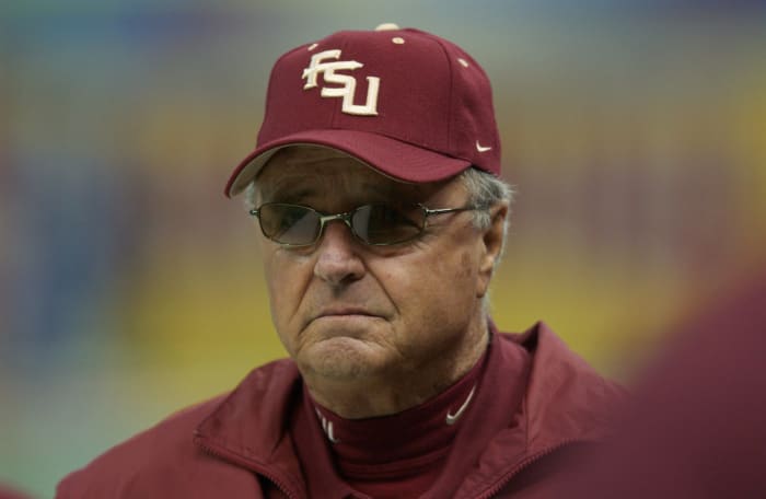 A closeup of Bobby Bowden wearing a FSU hat.