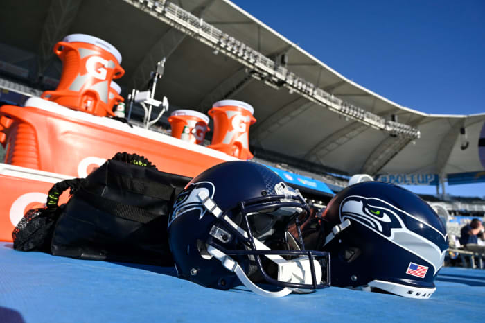 A shot of a Seattle Seahawks helmet on the sidelines.